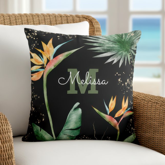 Black Gold Tropical Island Floral Monogram Script Throw Pillow (Creator Uploaded)