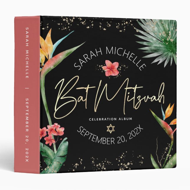Black Gold Tropical Palm Leaf Bat Mitzvah Keepsake Binder (Front/Spine)