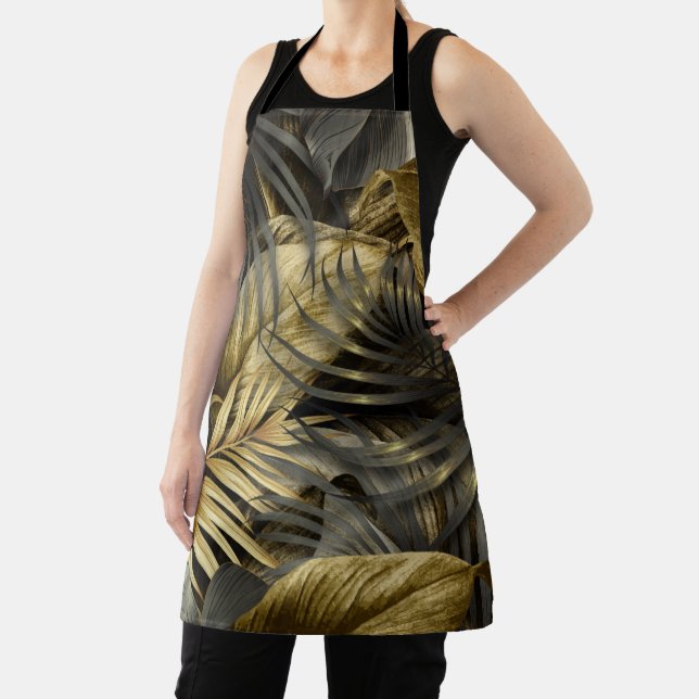 Black Gold Tropical Palm Leaves Apron (Insitu)