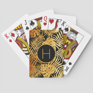 Black gold tropical palm tree leaves monogram playing cards