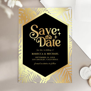 Black Gold Tropical Palm Wedding Save the Date Acrylic Invitations
