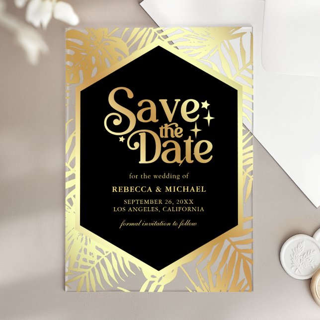 Black Gold Tropical Palm Wedding Save the Date Acrylic Invitations (Creator Uploaded)