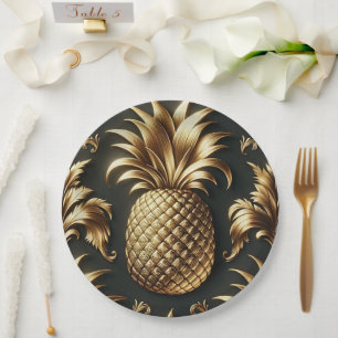 Black & Gold Tropical Pineapple Luxurious Wedding Paper Plate