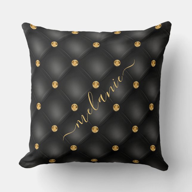 Black Gold Tufted Throw Pillow Personalized Name (Front)