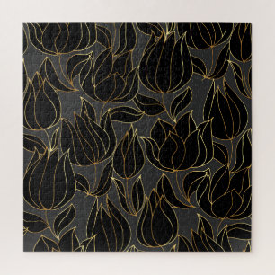 Black Gold Tulips: Luxury Floral Pattern Jigsaw Puzzle