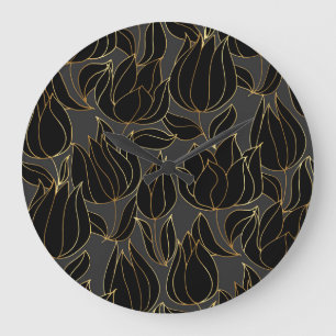 Black Gold Tulips: Luxury Floral Pattern Large Clock