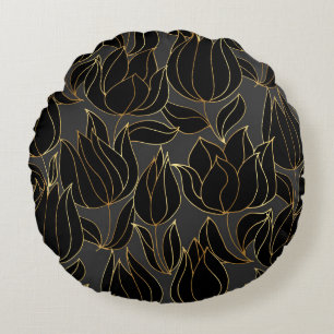 Black Gold Tulips: Luxury Floral Pattern Round Pillow