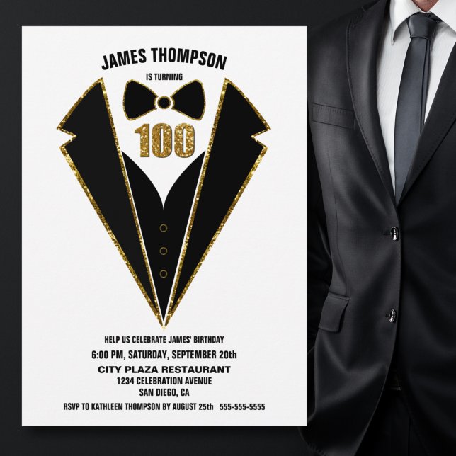 Black Gold Tuxedo 100th Birthday Party Invitation (Creator Uploaded)