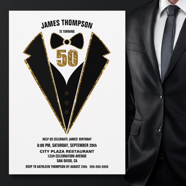 Black Gold Tuxedo 50th Birthday Party Invitation (Creator Uploaded)