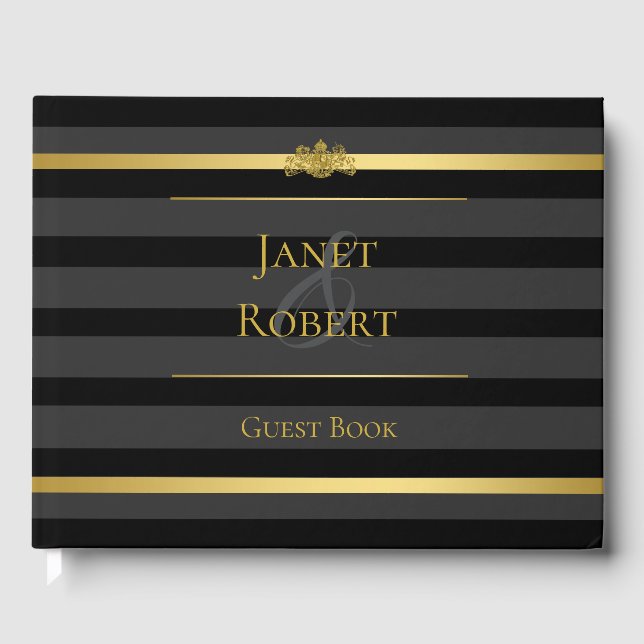 Black Gold Tuxedo Stripe Formal Wedding Custom Guest Book (Front)