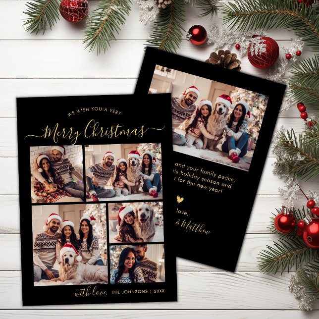 Black Gold Typography 5 Photo Collage Christmas  Holiday Card (Creator Uploaded)