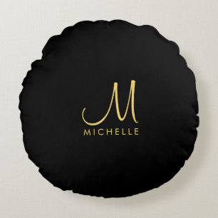 Black & Gold Typography Monogram Name Template Round Pillow