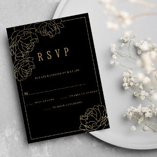 Black gold typography peony luxury floral RSVP Invitation