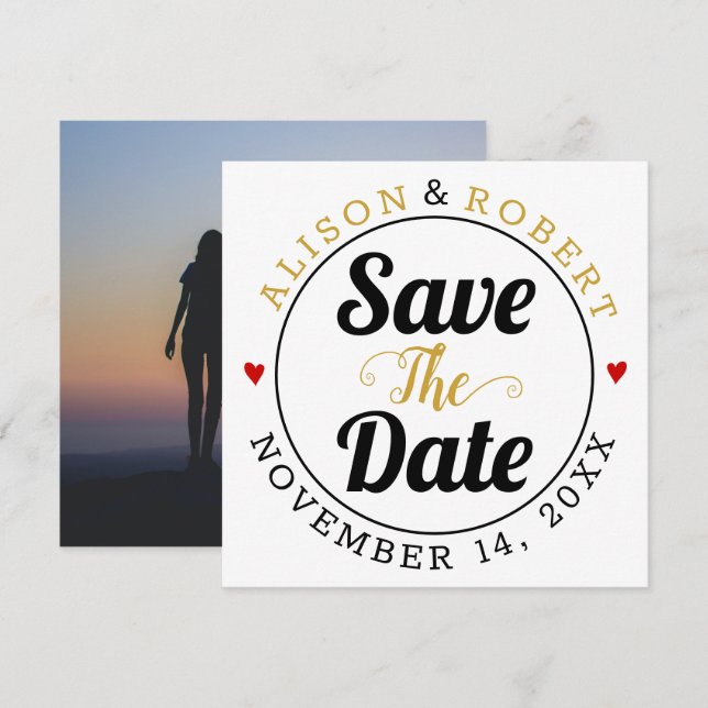 Black gold typography red hearts photo on the back save the date (Front/Back)