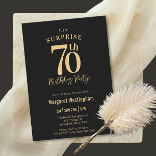 Black Gold Typography Surprise 70th Birthday Invitation