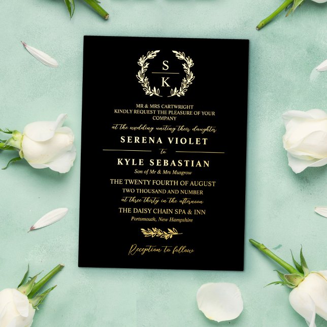 Black Gold Typography Wreath Monogram Wedding (Creator Uploaded)