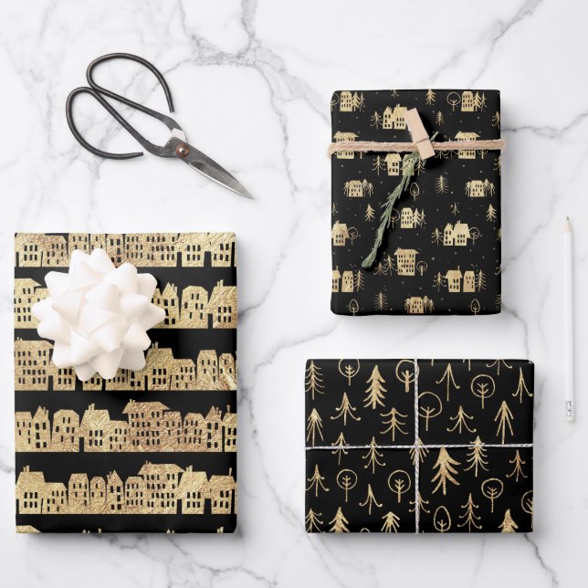 Black Gold Urban Trees Snow  Wrapping Paper Sheet (Front)
