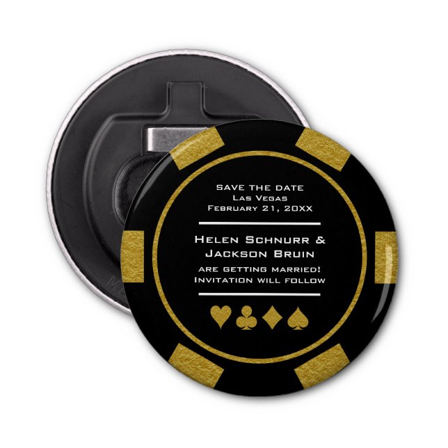 Black Gold Vegas Casino Poker Chip Save The Date Bottle Opener (Front)