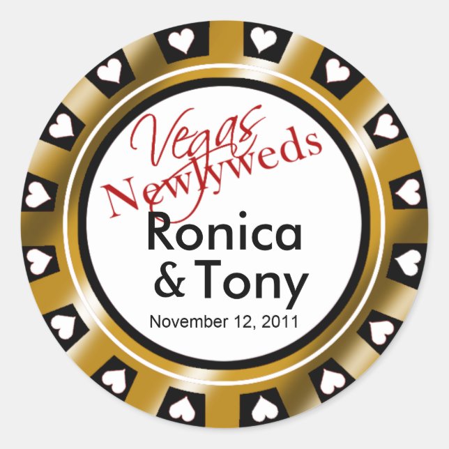 Black & Gold Vegas Newlyweds Casino Chip Classic Round Sticker (Front)