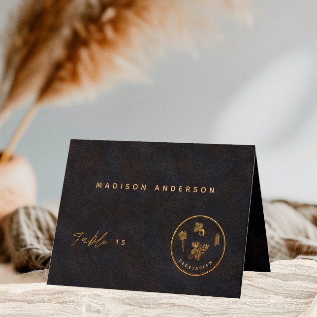 Black Gold Vegetarian Meal Choice Guest Name Card  (Creator Uploaded)