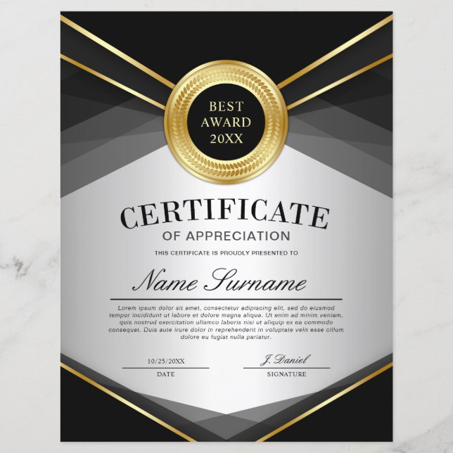 Black & Gold Vertical Certificate of Appreciation  (Front)