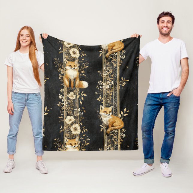 Black Gold Victorian Fox Botanical Pattern Fleece Blanket (In Situ)