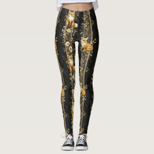 Black Gold Victorian Fox Botanical Pattern Leggings