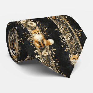 Black Gold Victorian Fox Botanical Pattern Tie