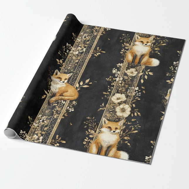 Black Gold Victorian Fox Botanical Pattern Wrapping Paper (Unrolled)