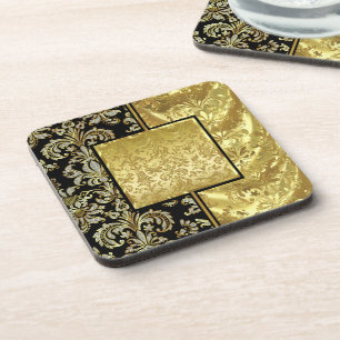 Black & Gold Vintage Floral Damask Pattern Coaster