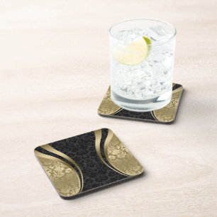 Black & Gold Vintage Floral Damask Pattern Coaster