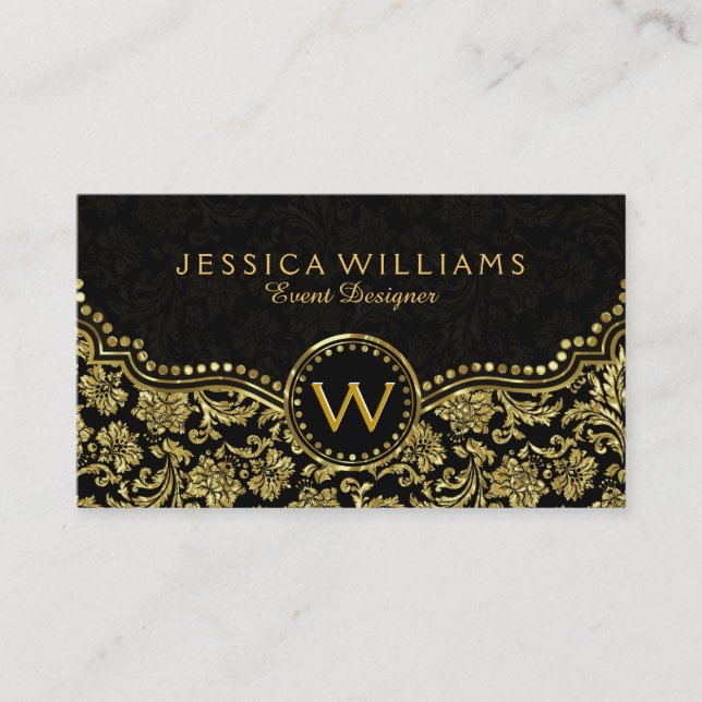 Black & Gold Vintage Floral Damasks Business Card (Front)