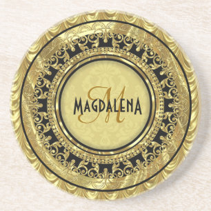 Black & Gold Vintage Floral Damasks-Monogram Coaster