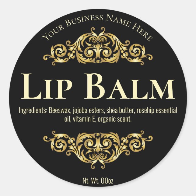 Black Gold Vintage Flourish Lip Balm Pot Labels (Front)