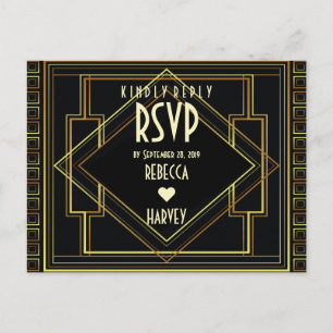 black gold vintage great gatsby wedding RSVP Invitation Postcard