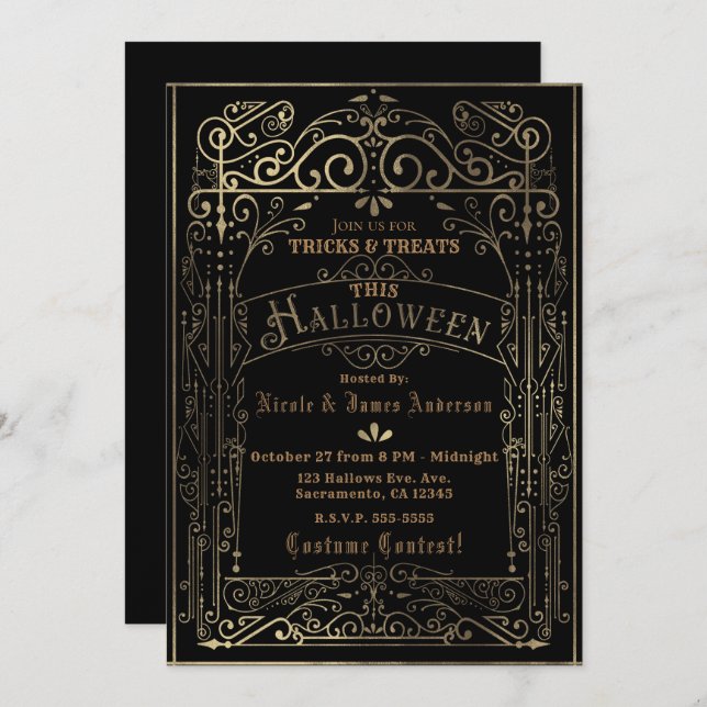 Black & Gold Vintage Victorian Deco Halloween Invitation (Front/Back)