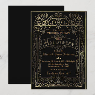 Black & Gold Vintage Victorian Deco Halloween Invitation