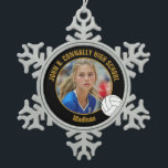 Black Gold Volleyball Player Photo High School Snowflake Pewter Christmas Ornament<br><div class="desc">This cool customized high school volleyball player photo gift features typography of your team and player name on a black and gold snowflake Christmas ornament with a ball design. Personalize with your student's photograph and class year as a proud sports parent for a commemorative keepsake present.l</div>
