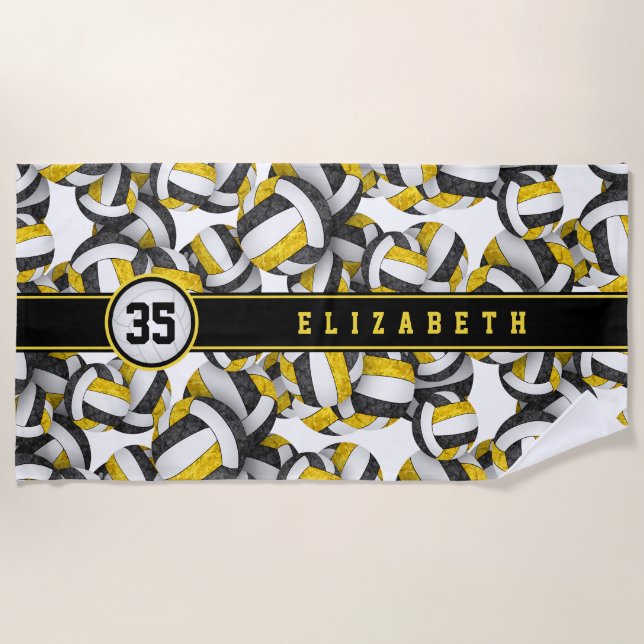Black gold volleyballs pattern her jersey number  beach towel (Front)