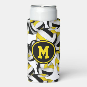 black gold volleyballs pattern w player monogram seltzer can cooler