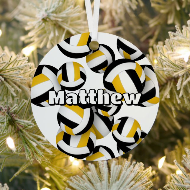 black gold volleyballs w athlete name keepsake metal ornament (Insitu)