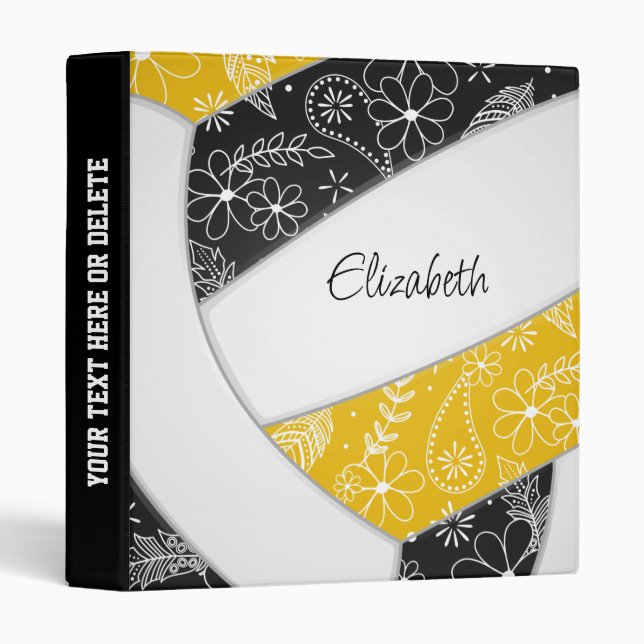 Black gold w feathers flowers doodles volleyball binder (Front/Spine)