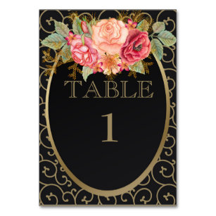 Black Gold w/  Pink Red Roses Reception Place Card
