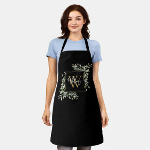 Black Gold Watercolor Greenery Leaves Monogram Apr Apron