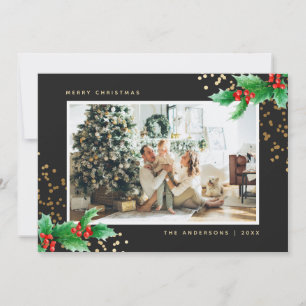 Black Gold Watercolor Holly Photo Christmas Cards