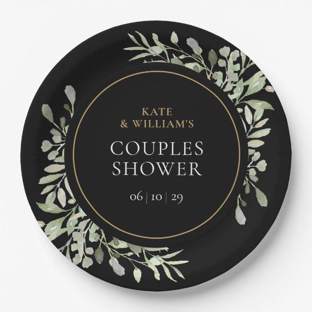 Black Gold Watercolour Greenery Couples Shower Paper Plate (Front)