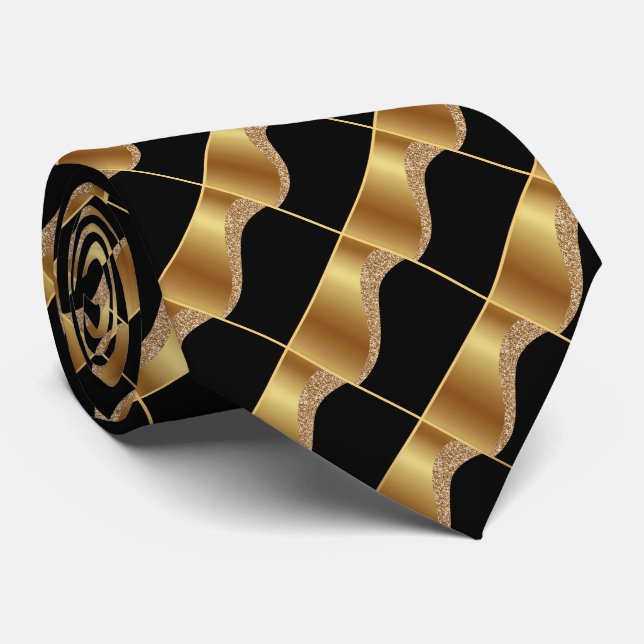BLACK GOLD WAVE GEOMETRIC ABSTRACT TIE (Rolled)
