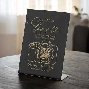 Black Gold Wedding Capture The Love QR Code Pedestal Sign