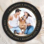 Black Gold Wedding Custom Photo Return Address Classic Round Sticker<br><div class="desc">Add the finishing touch to your wedding invitations with these custom photo, and personalized address labels. Customize with your favourite photo, names, and address. These simple address labels can be used for any and all occasions. COPYRIGHT © 2020 Judy Burrows, Black Dog Art - All Rights Reserved. Black Gold Wedding...</div>