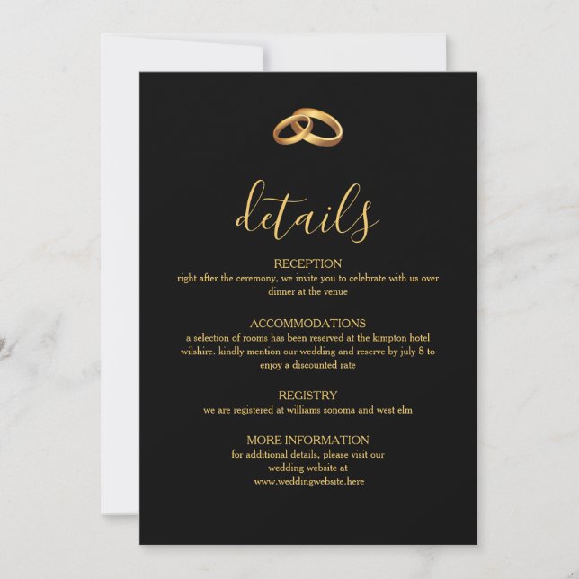 Black Gold Wedding Details Card (Front)